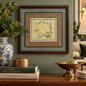 Vintage Chinese Hand Embroidered Silk Art Birds Brocade Framed 16 x 15